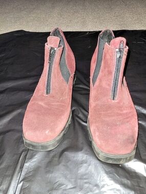 Vintage Barbo Burgundy Suede Front Zip Ankle Boots Lug Sole Size 8.5 M Canada